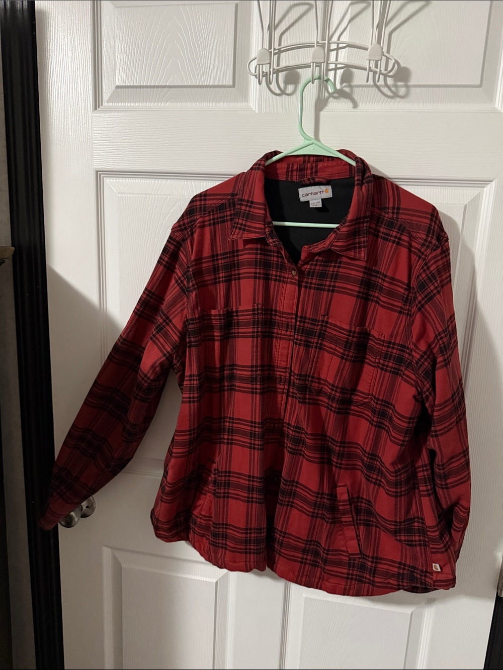 Carhartt Red and Black Plaid Collared Button up, fleeced lined Flannel Jacket